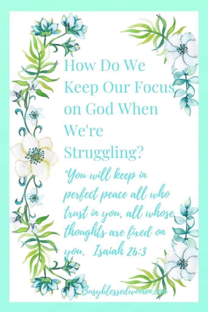 focus on God- teal and green floral border on left on white background with white flowers in right corners