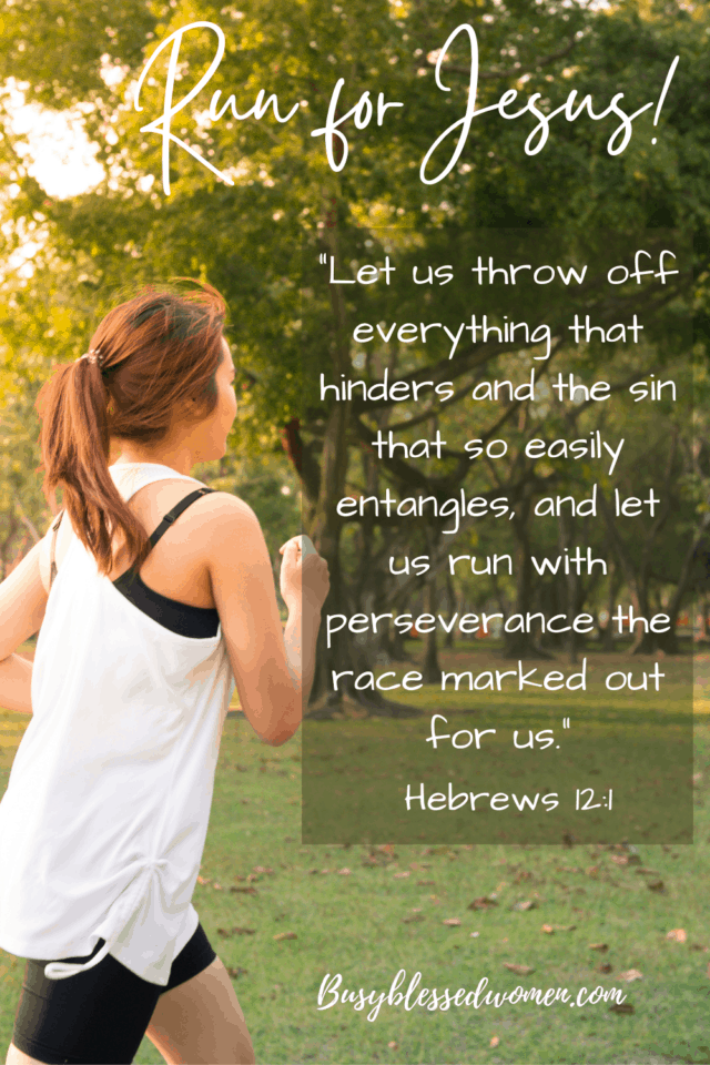 Run for Jesus!- side view of girl with white tank top running in a park. Hebrews 12:1 overlay