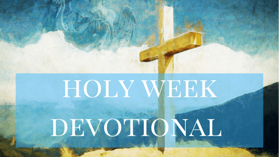 Holy Week Devotional- graphic of empty cross on small yellow hill; swirling blue sky with white clouds