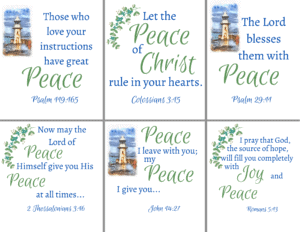 6 scripture cards with bible verses about god's peace- 3 with lighthouse image, 3 with ivy image