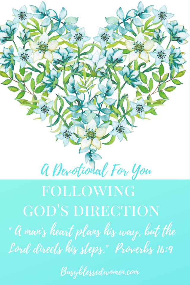 Following God's Direction- floral heart image with Proverbs 16:9 underneath