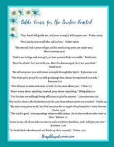 Bible verses for the broken hearted- page of Bible verses on letter document, small garland of blue and green flowers in upper left corner; dark aqua border