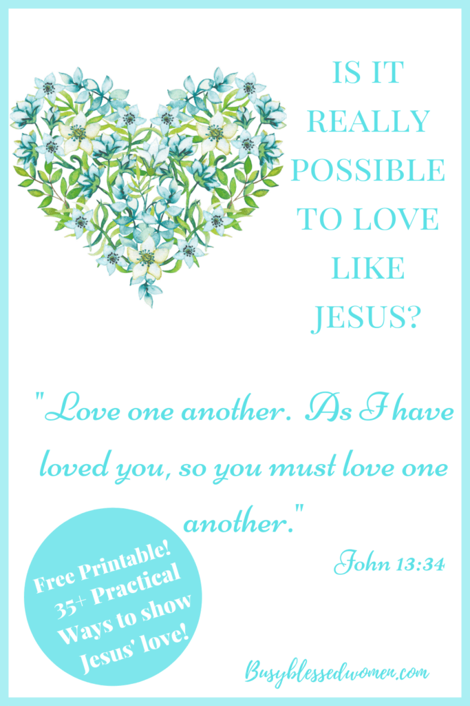 love like jesus- graphic of blue flower with green leaves shaped like a heart on white background, John 13:34 text in aqua blue