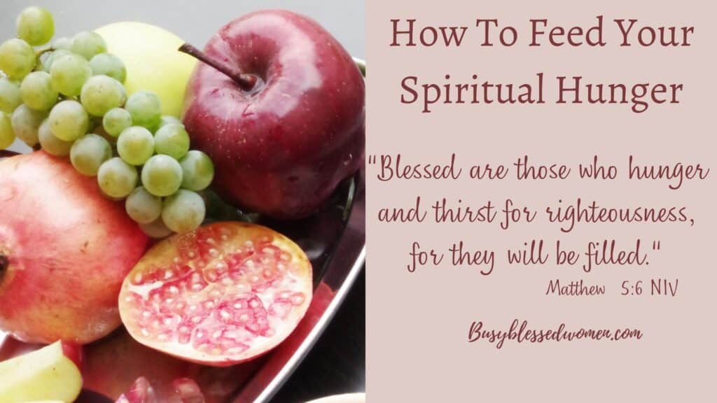 How to feed your spiritual hunger- left half of banner is a red plate with a helved pomegranate, red apple, and green grapes, left side light pink block with text 