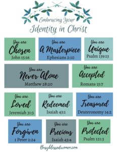 embracing your identity in christ graphic design with multicolor green, blue and grey blocks with text