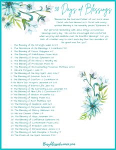 30 days of blessings- white background with blue/green flower decorations