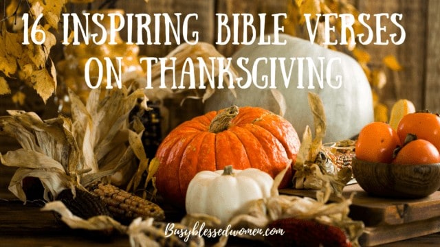 bible verses on thanksgiving- white and orange pumpkins, corn, and leaves on wooden table