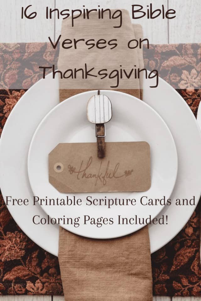 bible verses on thanksgiving- white table setting with brown napkin and placecard that says "thankful"