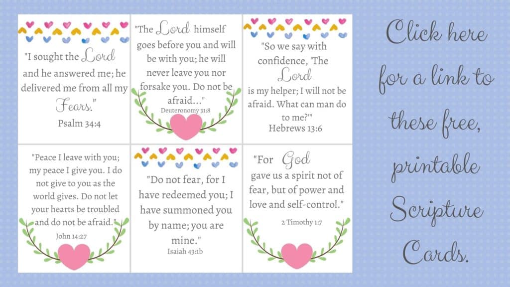 love casts out fear- group of 6 scripture cards with verses about fear on light blue textured background. 2 borders used- one with pastel pink, yellow blue hearts in rows, some with pink heart with greenery coming up along each side of heart background