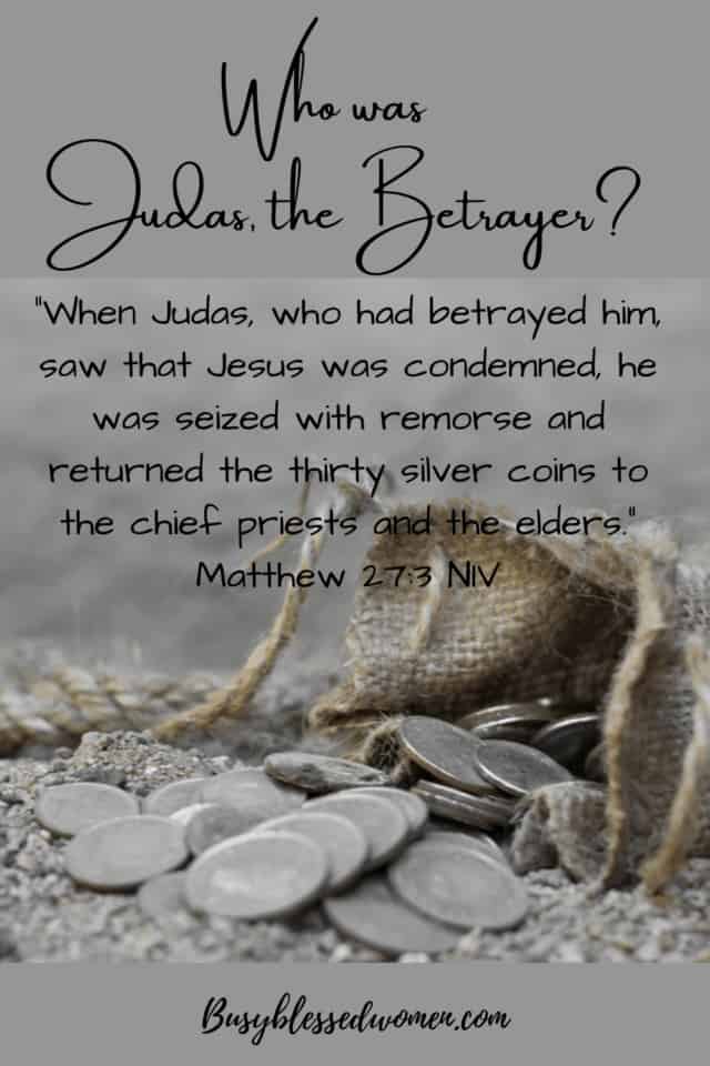 Judas the betrayer- burlap bag with twine rope closure on dusty grey ground with silver coins spilling out