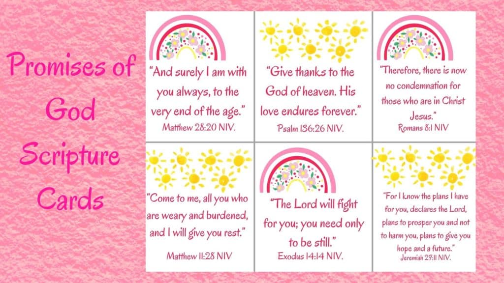 Promises of God- 6 scripture cards with pink/red rainbows with flowers and yellow suns on pink background