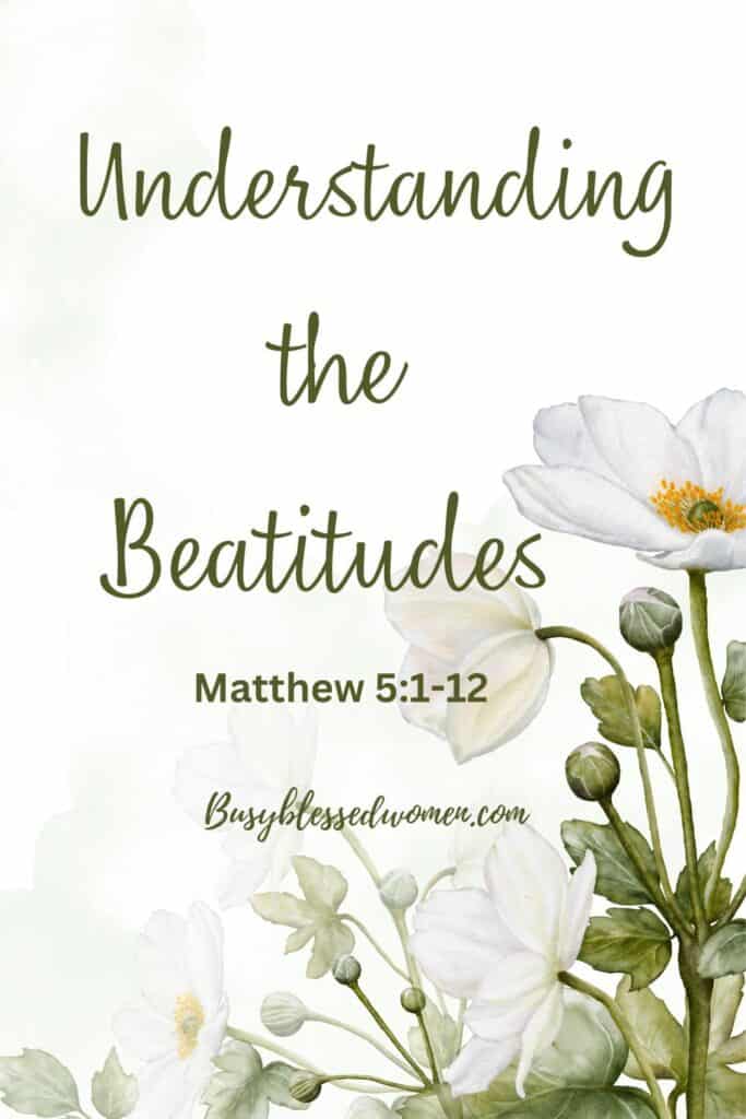 The Beatitudes explained- watercolor white flowers with yellow center on green stem on bottom right hand side of page on white background