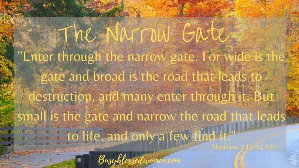 the narrow gate- bible verse overlay on fall scene of two roads through orange and yellow leaves on trees