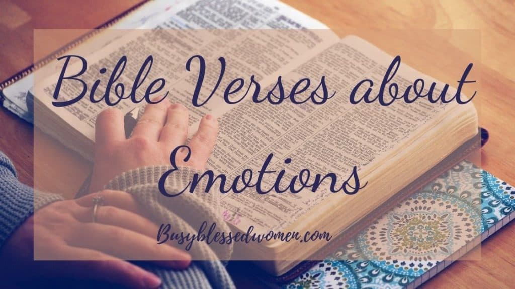 Bible Verses about Emotions- close up of open Bible with female hands resting on page, multicolor bookmark on right