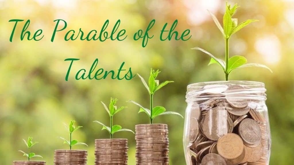 the parable of the talents- growing piles of coins with seedlings sprouting from each one, ending in large jar of coins with biggest seedling, blurred garden background