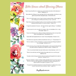 Be A Blessing to Others- greenish yellow background with page of Bible verses on white paper with multicolor floral banner on left side