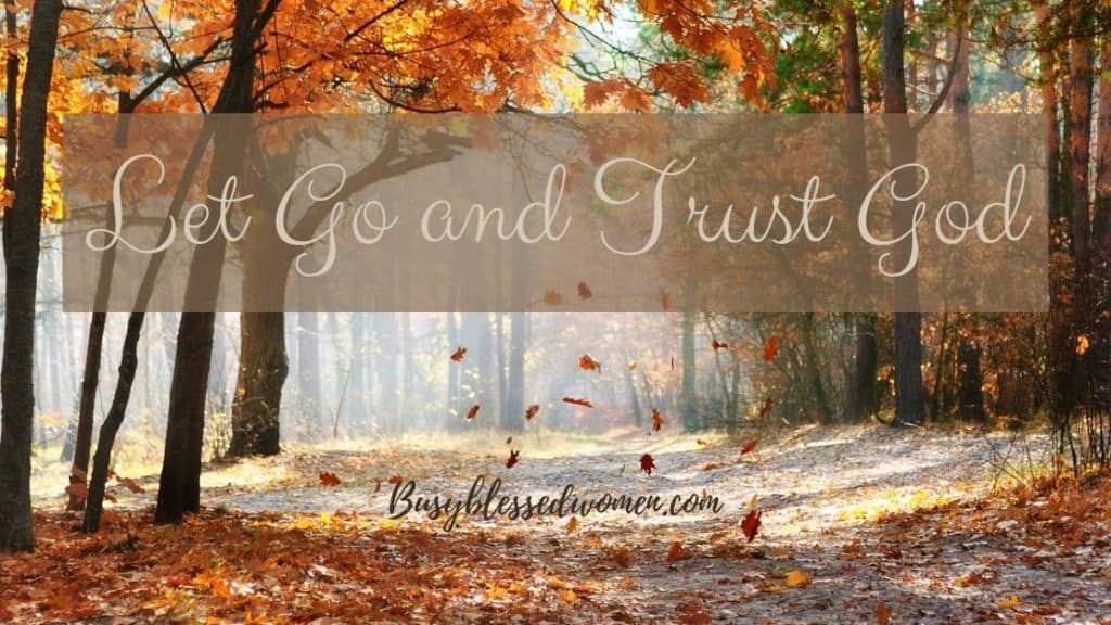 let go and trust God- trail in autumn woods; trees dropping orange leaves