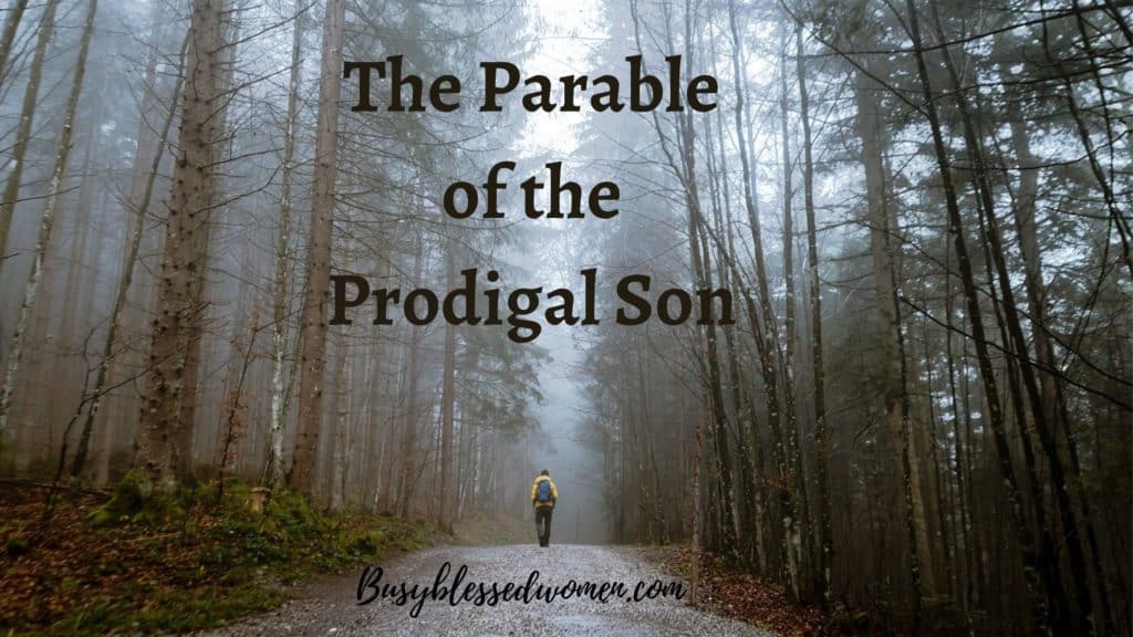 parable of the prodigal son- solitary man walking on dirt road through tall trees on a misty, dark day