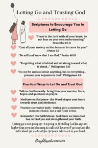 letting go and trusting God-
 infographic pin with pink text boxes and pink heart , element of woman in pink dress letting go of a balloon standing next to Jesus