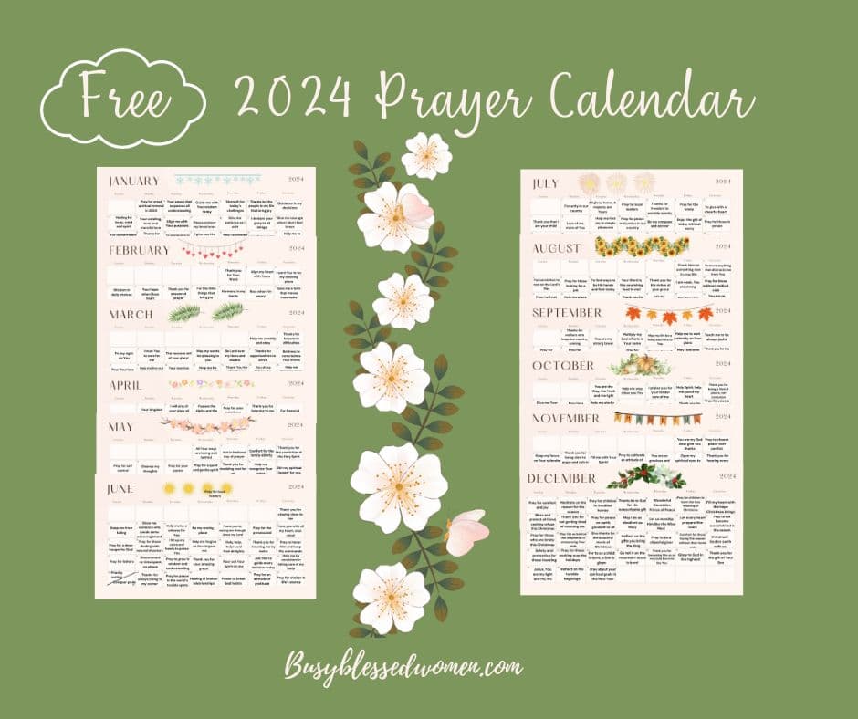 monthly prayer calendar- mock up of prayer calendar pages on dark green background with white and yellow floral garland down the center