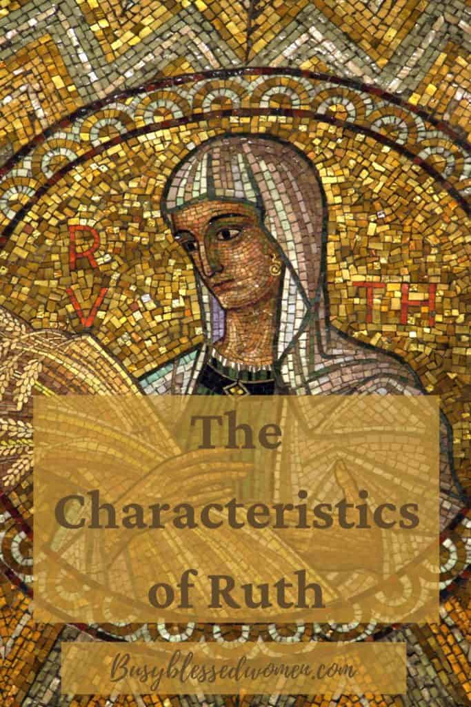 characteristics of ruth- mosaic tile rendition of ruth from the Bible; head covered and holding stalks of grain