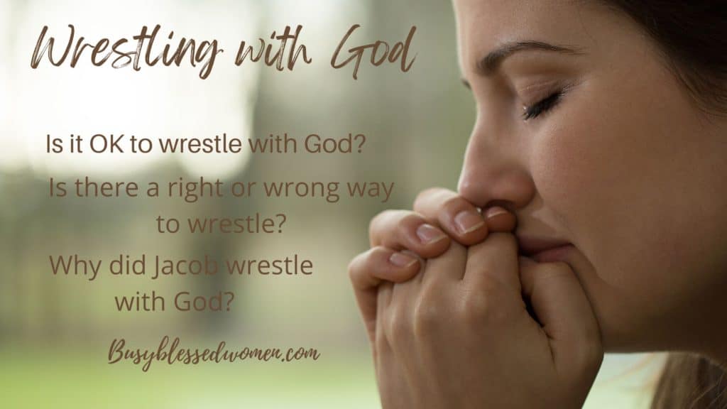 Wrestling with God- sad woman with hands clasped to lower face, eyes shut, blurred background of green/brown