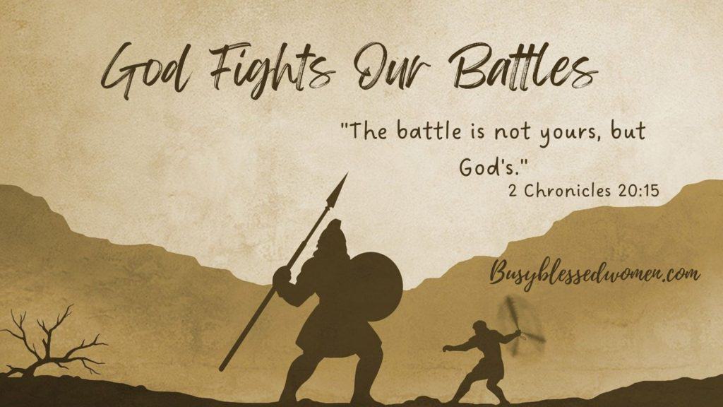 God Fights Our Battles- graphic of david and goliath in shadows against a brown and beige sky