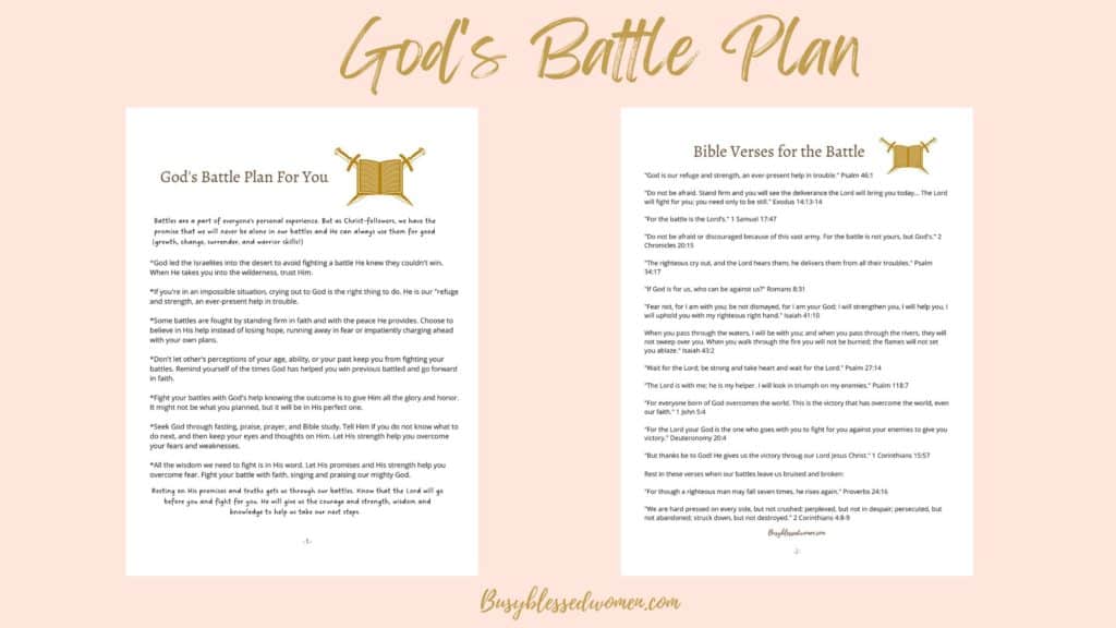 God's Battle Plan- light pink background with 2 pages of script with gold swords/Bible graphic in upper right - 