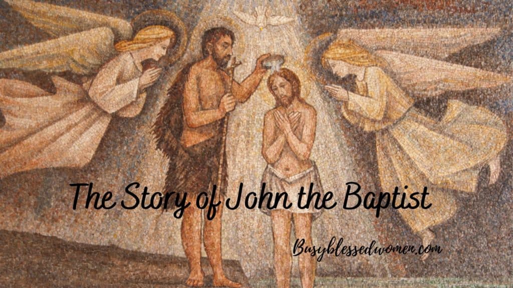 the story of john the baptist- painting of Jesus being baptized by John in river with dove overhead and angels on either side