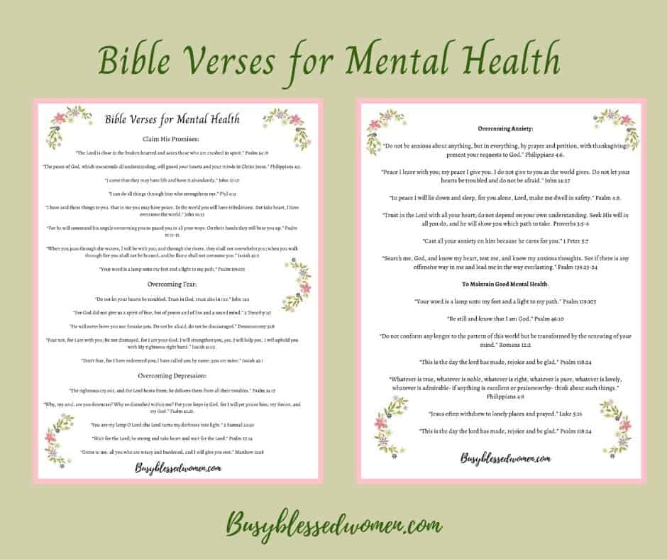 Bible verses for mental health- 2 letter document sized pages of verses on white background with small flower sprays in pinks and greens