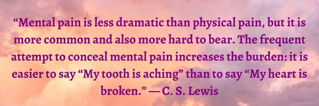 Mental Health and the Bible- CS Lewis quote overlaid on pink and purple clouds