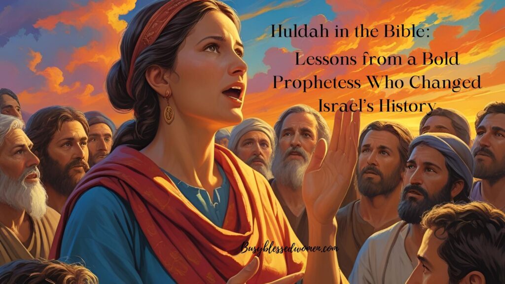 Huldah in the Bible- Biblical woman preaching to a group of men. Dark colorful clothing and sky