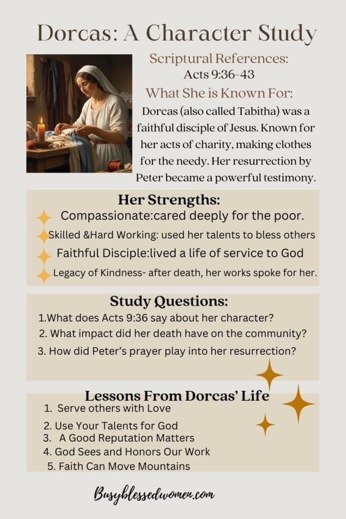 Dorcas- A Character Study- infographic style with picture of Dorcas upper left and text boxes highlighting her strengths, and lessons from her life.