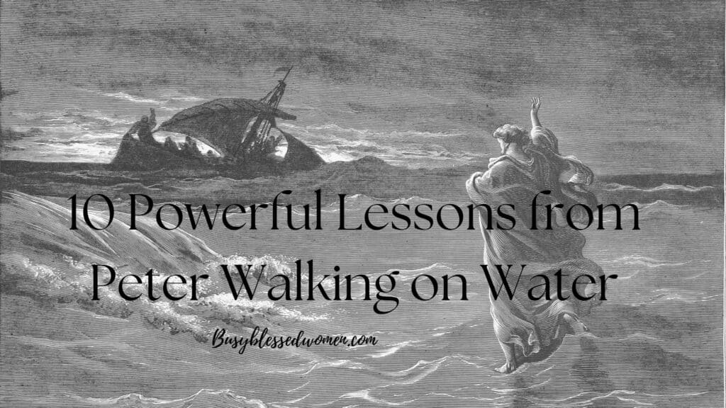 10 Powerful lessons from Peter walking on water- black and white sketch of Jesus walking on water facing a boat on the waves with men inside