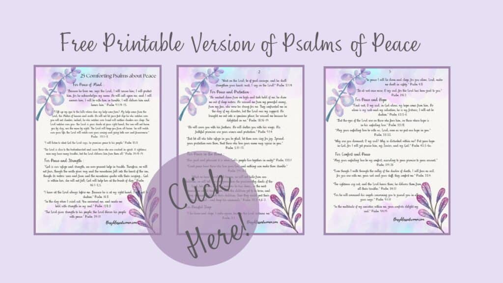 25 Comforting Psalms of Peace- light purple background with 3 frames of Psalms verses printed on background of watercolor purple and blue flowers