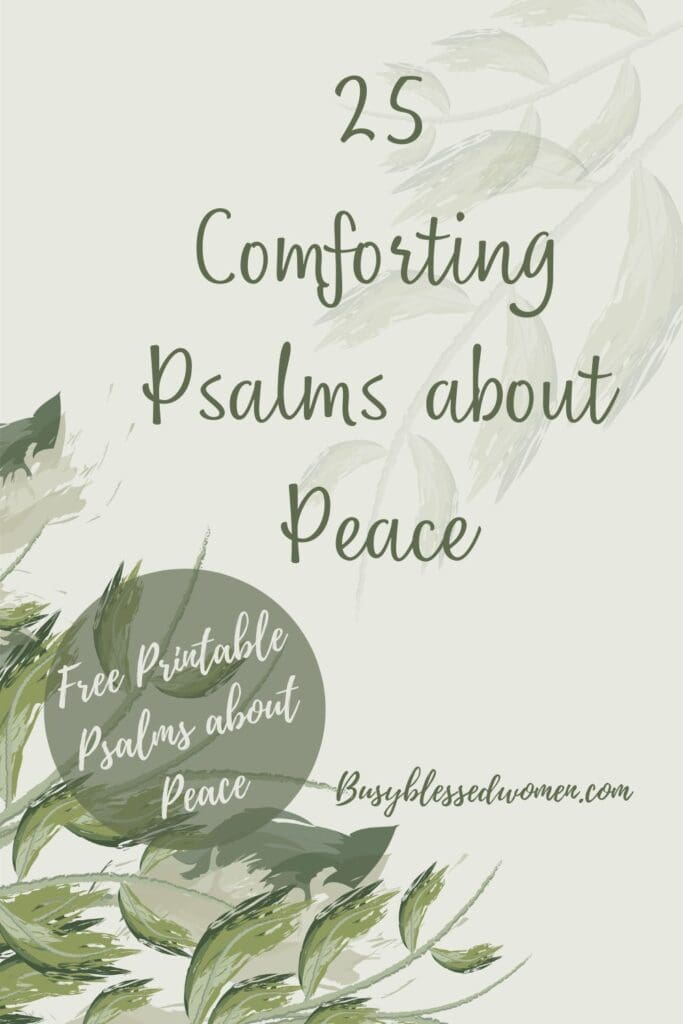 Psalms about Peace- light green background with darker green graphics of leaves in upper right and lower left corners.