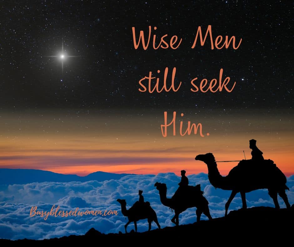 graphic of 3 wise men in silhouette sitting on camels- high on a hill looking down at bluish landscape below. Bethlehem star in upper left 