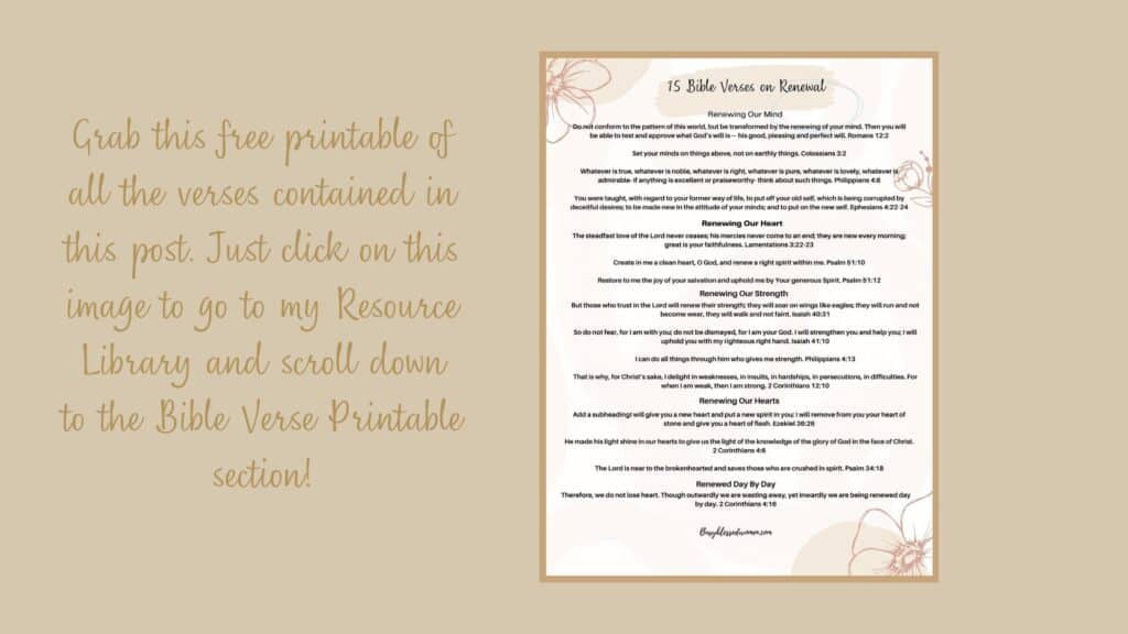 mock up of printable design of 15 Bible Verses on Renewal on tan background.