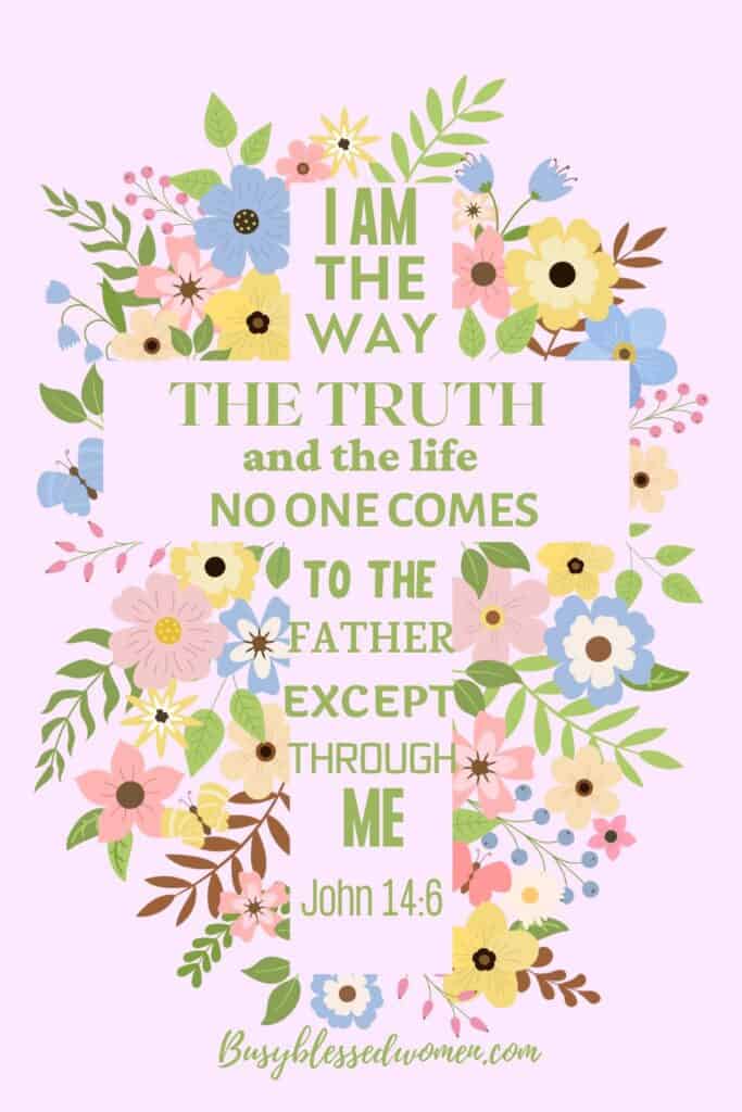 I am the way- floral cross graphic on light pink background with Bible verse 'I am the way, the truth, and the life. No one comes to the Father except through me' on the cross