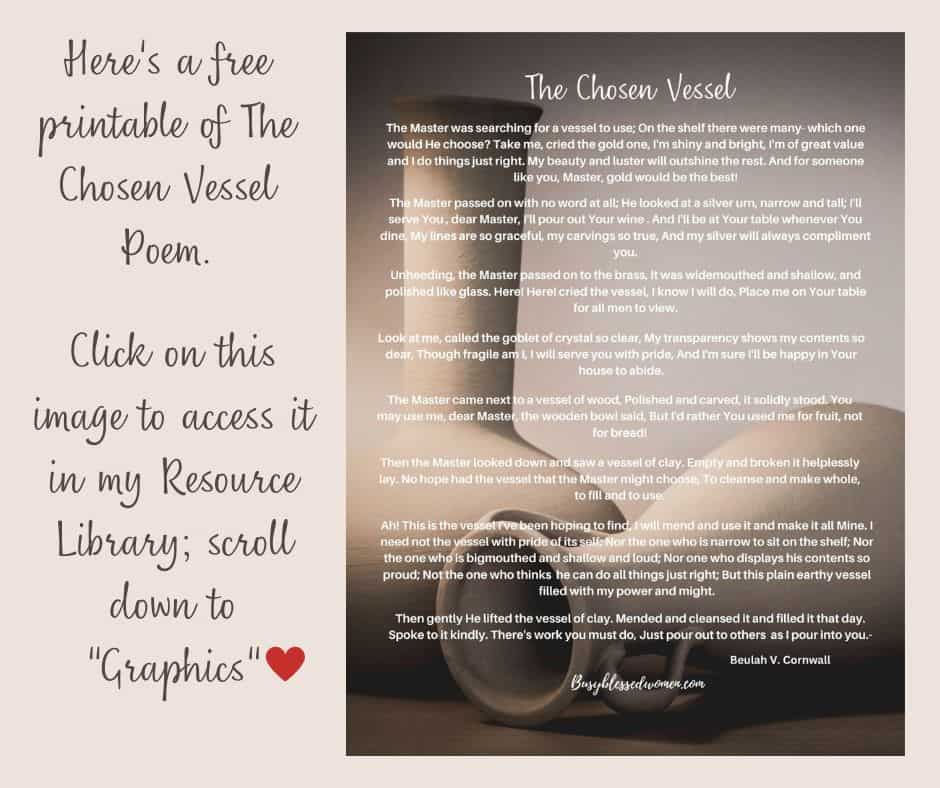 mock up of the chosen vessel poem printed on background of light beige background  and 2 clay vessels- one standing and one laying on it's side
