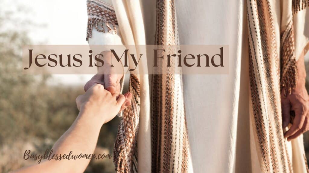 Jesus is my friend- man in brown patterned robes (torso view only) reaching out to take another person's hand.