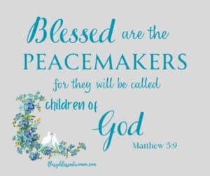 Blessed are the peacemakers- blue floral frame in lower left corner with 2 white doves sitting in it, light grey background