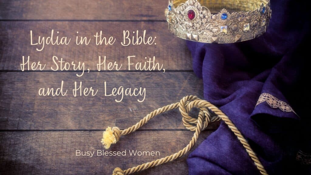 lydia in the bible- crown, purple cloth, and knotted rope lying on brown table