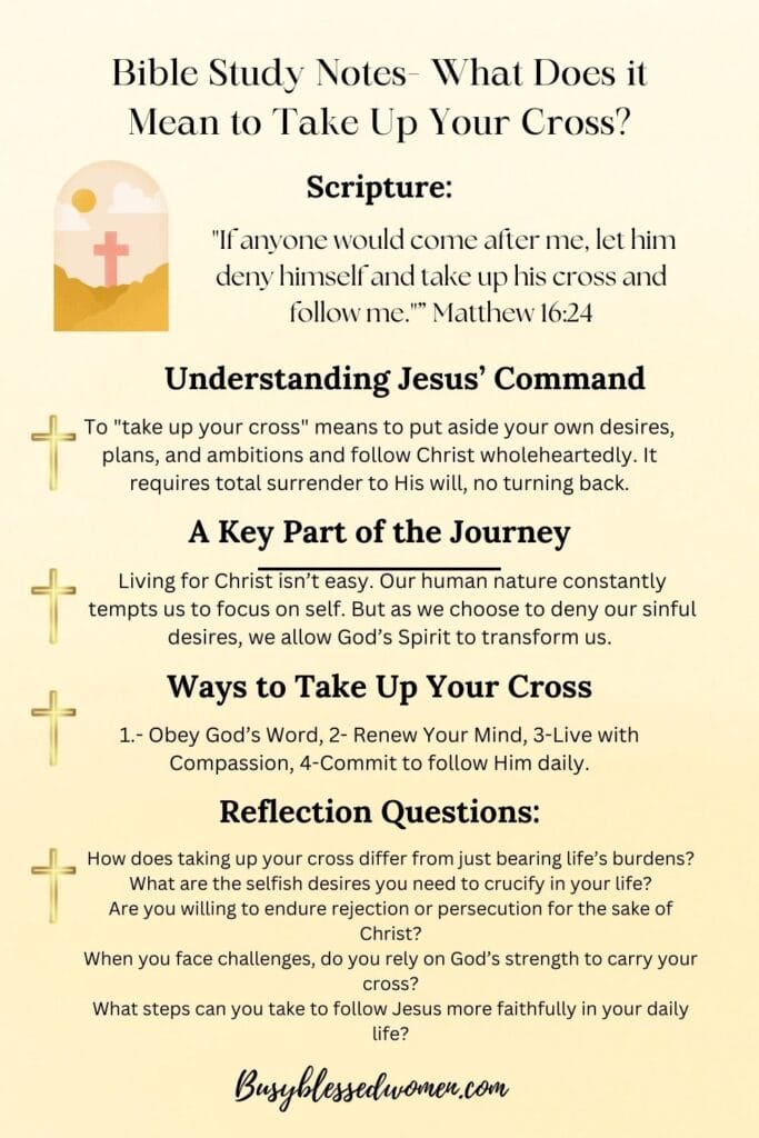 what does it mean to take up your cross- infographic on yellow background with cross graphic upper left and small crosses to mark new paragraphs