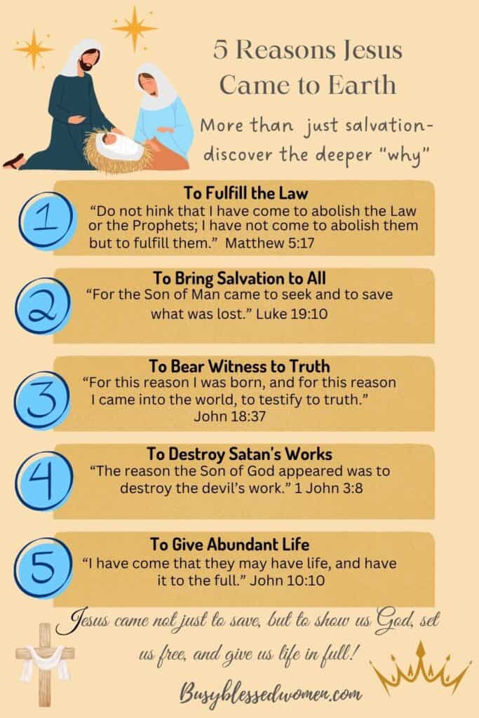 5 reasons Jesus came to earth- info graphic pin with nativity scene upper left and 5 text boxes in gold below