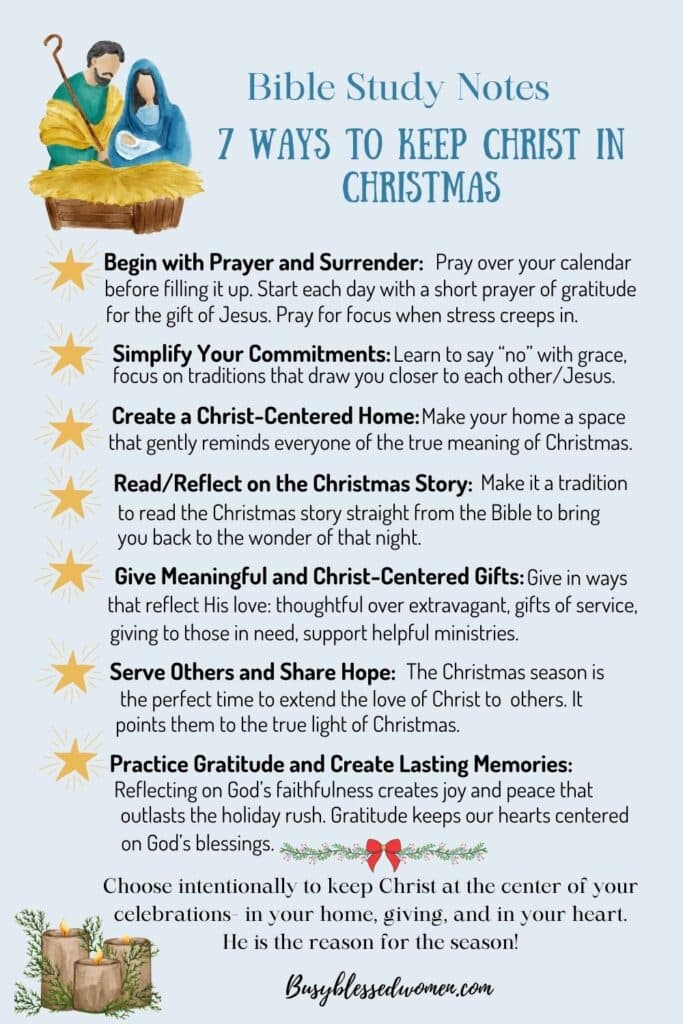 Keeping Christ in Christmas- infographic pin with soft blue background, nativy scene graphic in upper left. stars and white christmas candle elements
