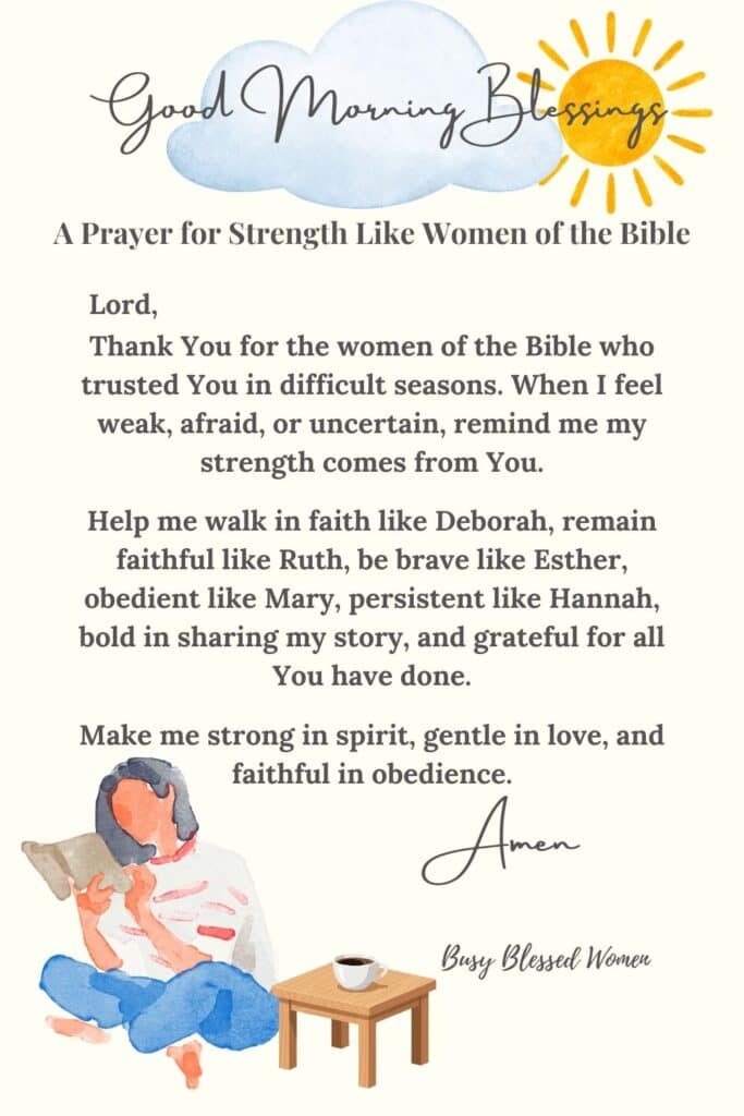 strong women of the Bible- watercolor woman sitting in bottom left corner reading a book, small table with a coffee cup on it