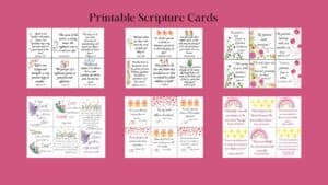 mock up of 6 printable Scripture Cards on dark pink background