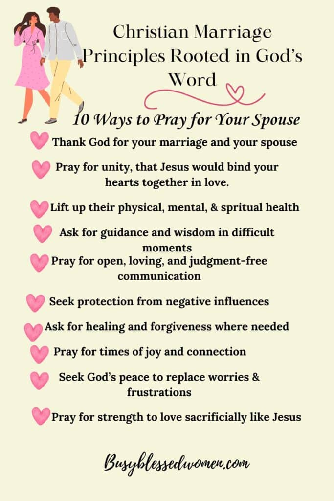 Biblical Principles for Marriage- Bible study note pin with 10 ways to pray for your spouse- tiny pink heart icons