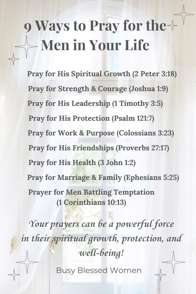 Prayers for men- open window with white curtain blowing in breeze with 9 prayer titles with Scripture